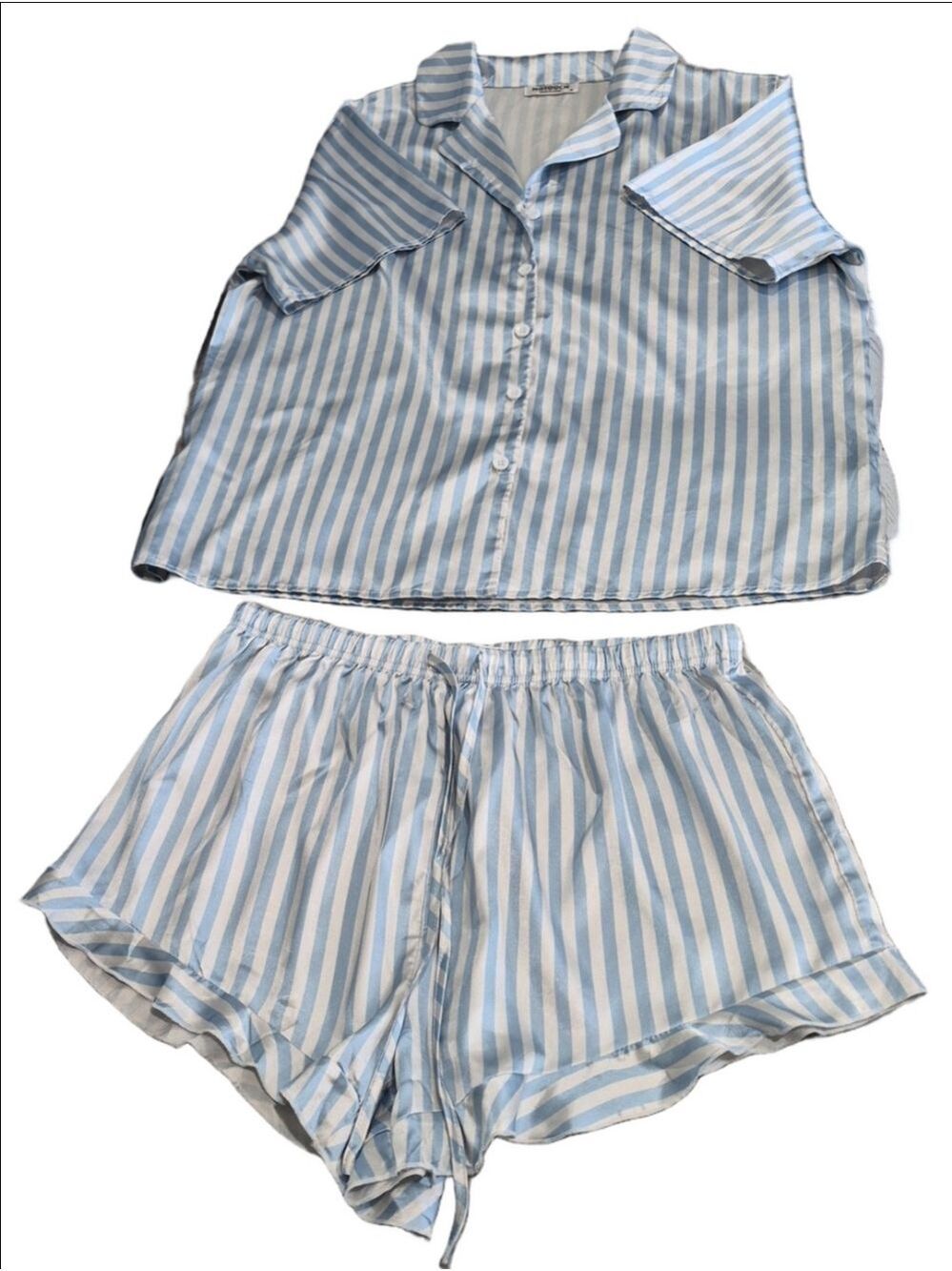 Hotouch Blue & White Striped Satin Pajama Set - Size M